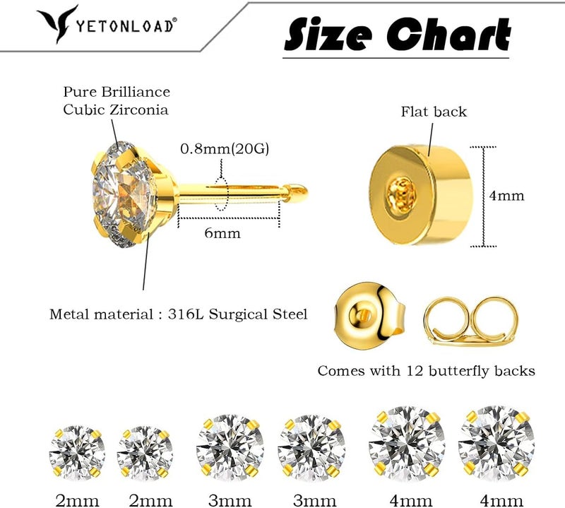 Yetonload 5-6 pairs Push-in Flat Back Stud Earrings Hypoallergenic Surgical Stainless Steel Cubic Zirconia Earrings Studs Set Multi-Pack, CZ Stud Earrings for Women Men Trendy Cartilage Stud Earrings 2-8mm - Image 2